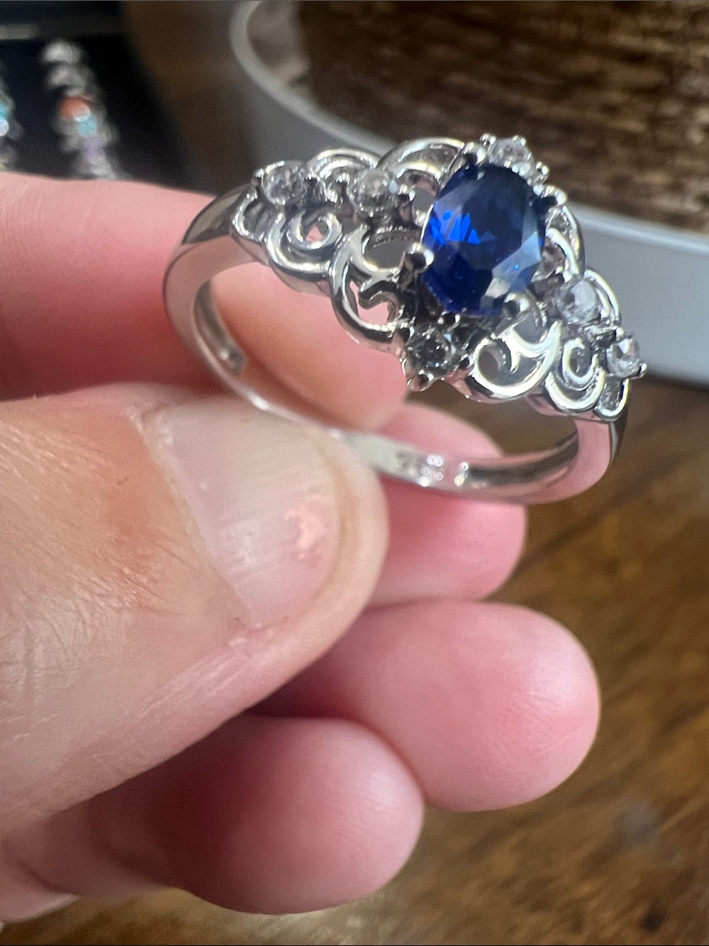 Sterling Silver Blue Sapphire-Style Filigree Ring Size 9 - Picture 2 of 6